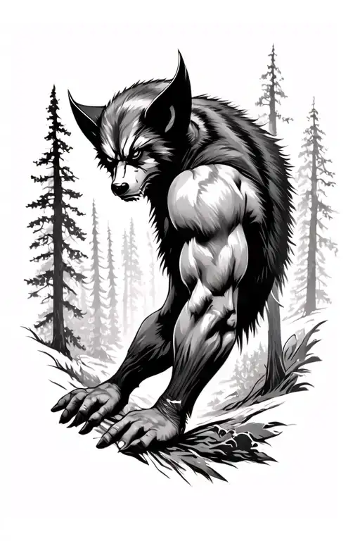 wolverine animal forearm tattoo with forest background tattoo design idea