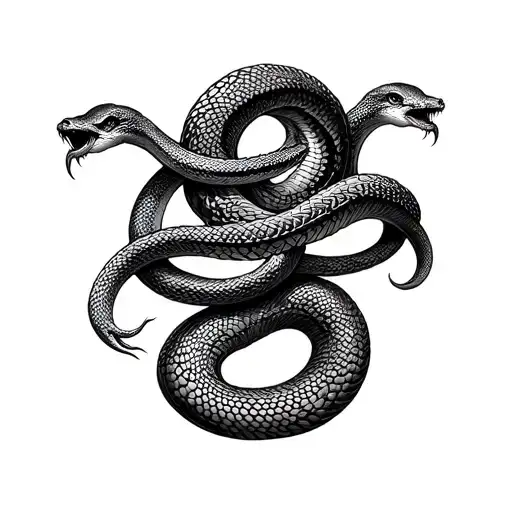 "Black and grey fine line tattoo design of a three-headed snake. The snake’s bodies intertwine and flow downward, with t tattoo design idea