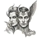 two faces in the style of half in half angel and devil black and white drawing tattoo design idea