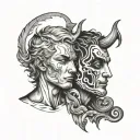 two faces in the style of half in half angel and devil black and white drawing tattoo design idea