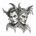 two faces in the style of half in half angel and devil black and white drawing tattoo design idea