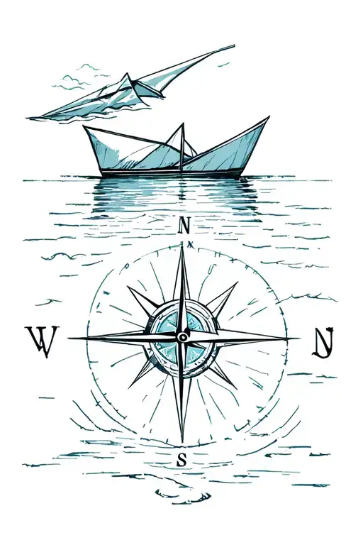 compass, paper boat, wind, tattoo design idea