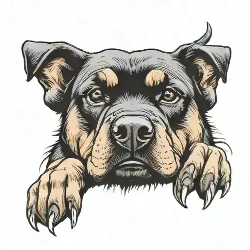Rottweiler dog paw with female character holding tattoo design idea