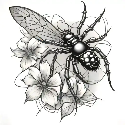 black widow spider with web and flowers tattoo design idea