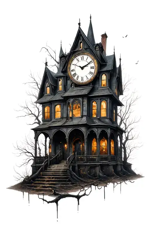 haunted house with gothic clock face tattoo design idea