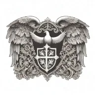 Coat of arms with pair wing of dove and cross and hand of god father on top tattoo design idea