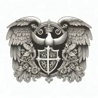 Coat of arms with pair wing of dove and cross and hand of god father on top tattoo design idea