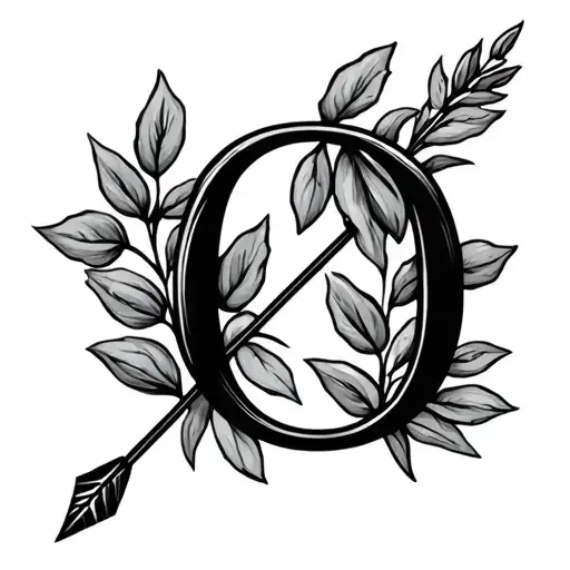 letter O with olive branch and an arrow tattoo design idea