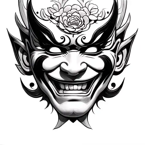 Black and white pencil sketch of a Hannya mask in realistic fine art style, with smooth shading and clean lines tattoo design idea