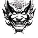 Black and white pencil sketch of a Hannya mask in realistic fine art style, with smooth shading and clean lines tattoo design idea