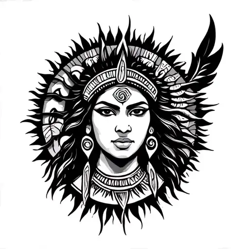 Puerto Rico Taino tribal warrior woman moon goddess sun symbol tattoo design idea