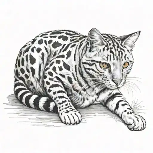 tabby cat, short hair, white hair on belly and chest, orange spot on head,, white paws, prowling. tattoo design idea