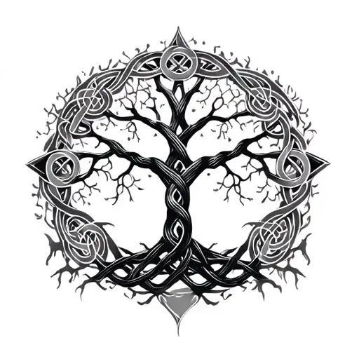 Celtic tree of life silhouetted knots weaving tattoo design idea
