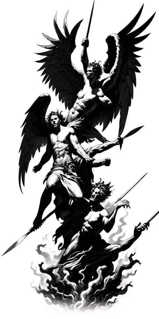 angels coming down from heaven waging spears clashing with demons rising from hell below  tattoo design idea
