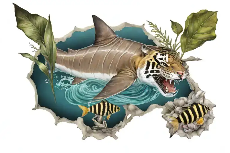 coastline with a tiger shark in the water, an otter on the shoreline opening a shell, and a bumblebee from a flower tattoo design idea