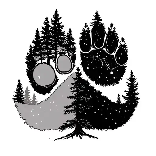 Bear Paw, with a tree half winter half spring, and the ursa minor constellation tattoo design idea