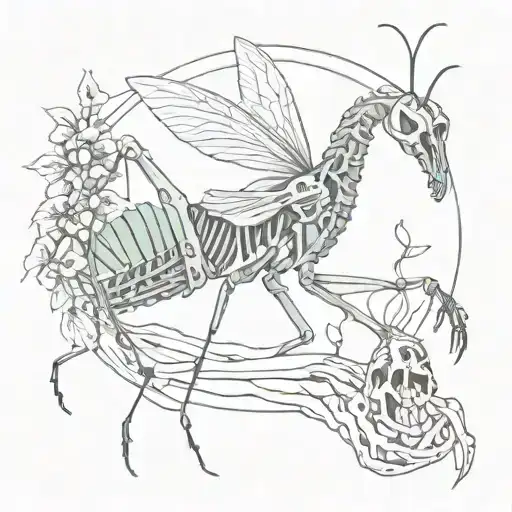 praying mantis inside a skeleton  tattoo design idea