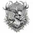 Whitetail deer skull with a person hunting scene tattoo design idea