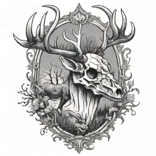 Whitetail deer skull with a person hunting scene tattoo design idea
