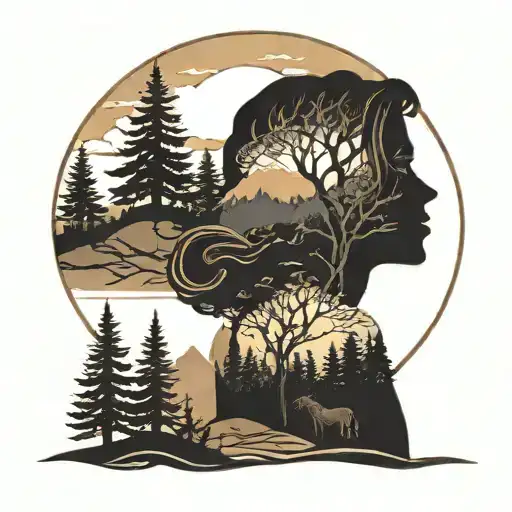 silhouette of a mourning woman surrounded by trees and mountains tattoo design idea