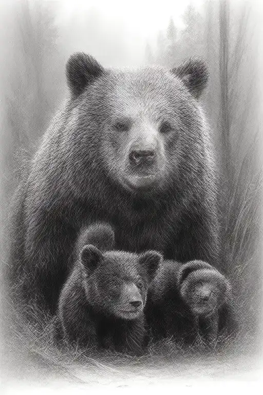 nature woods 1 adult mama bear 2 cubs tattoo design idea