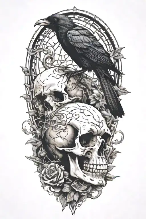 raven on skull with gothic background tattoo design idea