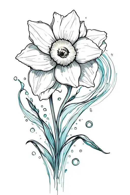 a delicate sketch incorporating the fine-line daffodil with flowing, abstract pisces-inspired water elements tattoo design idea