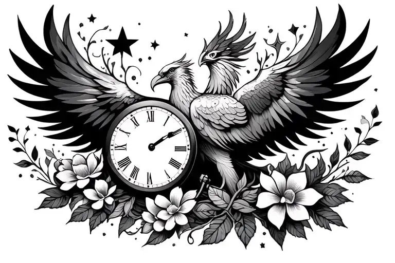 Single line drawing of phoenix with clock surrounded by flowing fine line flowers and leaves and stars on the left and r tattoo design idea