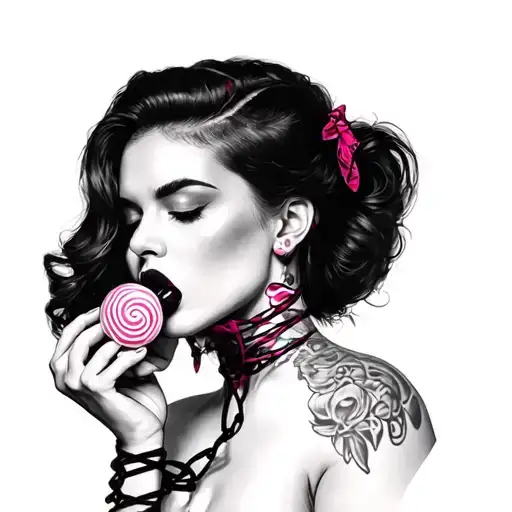 woman in bondage licking lollipop tattoo design idea