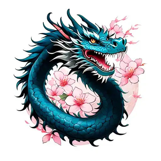 japanese style dragon that's blue with pink cherry blossoms in the background  tattoo design idea