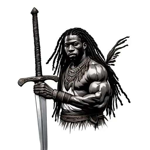 African Warrior with locs and a sword tattoo design idea