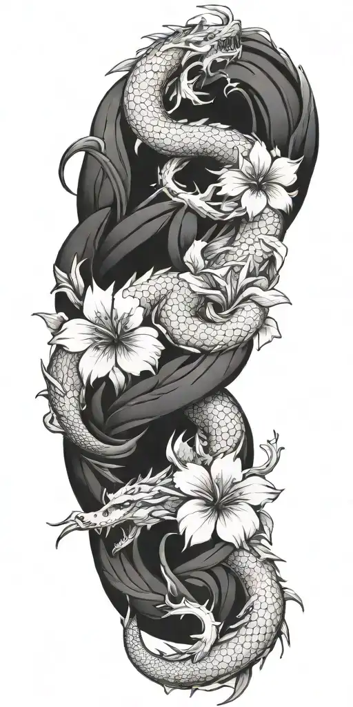 dragon coil hawaii flowers intertwined tattoo design idea