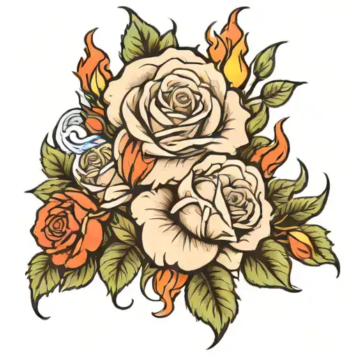 roses and fire tattoo design idea