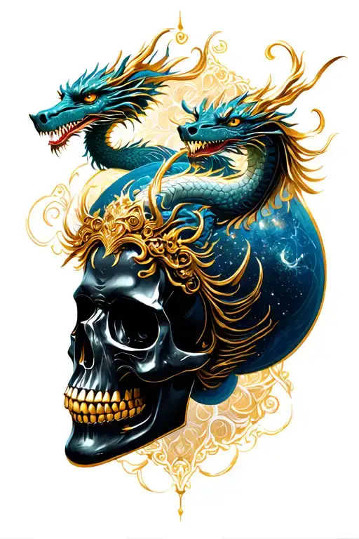 Black skull gold trim with two Japanese dragons  emerging from top creating the kundalini with an outer space background tattoo design idea