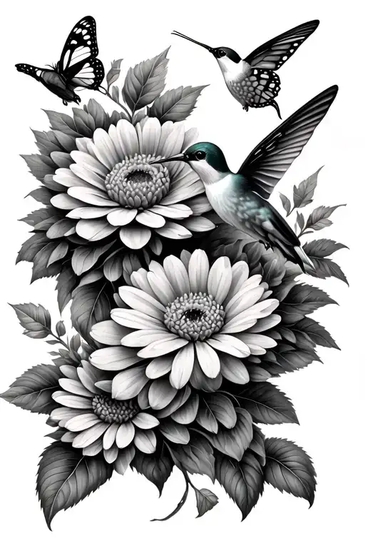 hummingbird, chrysanthemum flowers, monarch butterflies tattoo design idea