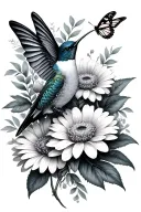 hummingbird, chrysanthemum flowers, monarch butterflies tattoo design idea