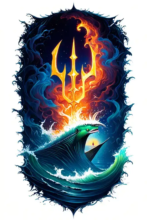 trident ocean scene tattoo design idea