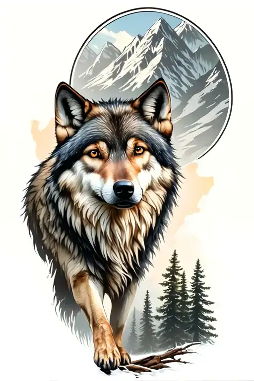 wolf  and woods and mountains tattoo design idea