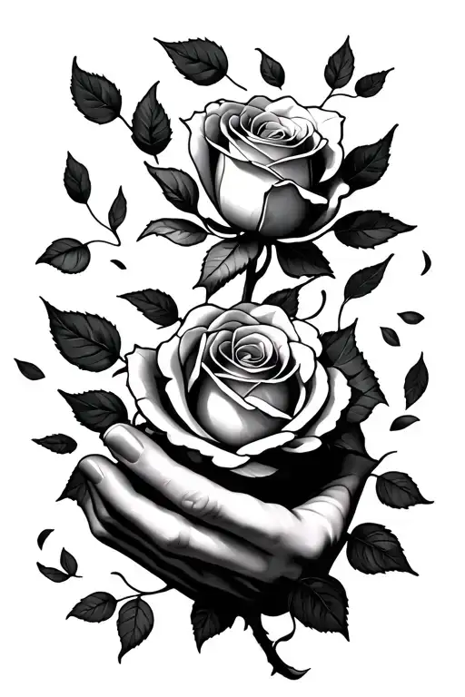 a hand holding a rose with falling leaves falling tattoo design idea