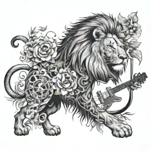 Full Back tattoo. Big lion in the middle with crown and half skeleton face. around lion flowers, guitar piece, clock tattoo design idea