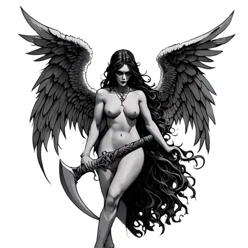 female angel of death with a scythe nude tattoo design idea