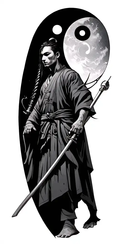 Aquarius Zodiac Sign and Yin Yang and Samurai Standing tattoo design idea