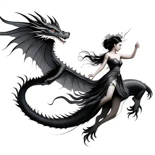 vietnamese woman and dragon flying tattoo design idea