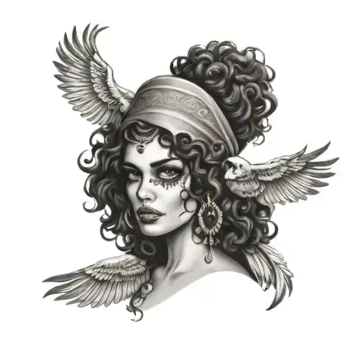 gypsy phoenix skull woman curly hair tattoo design idea
