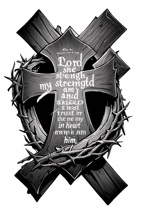 three cross tattoo and bible verse with crown of thorns The Lord is my strength and my shield; my heart trusts in him tattoo design idea