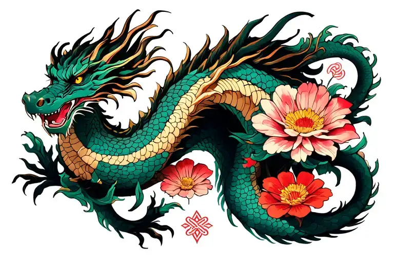 wildflowers and dragon intertwined tattoo design idea