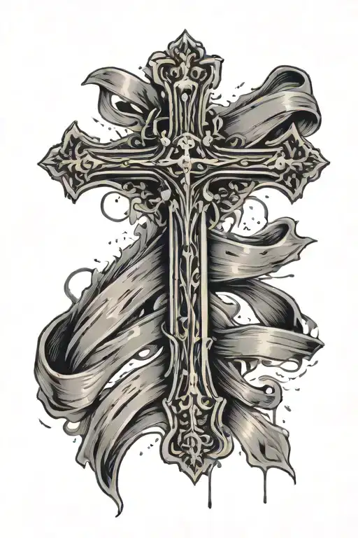cross in rainy weather with a ribbon around it tattoo design idea