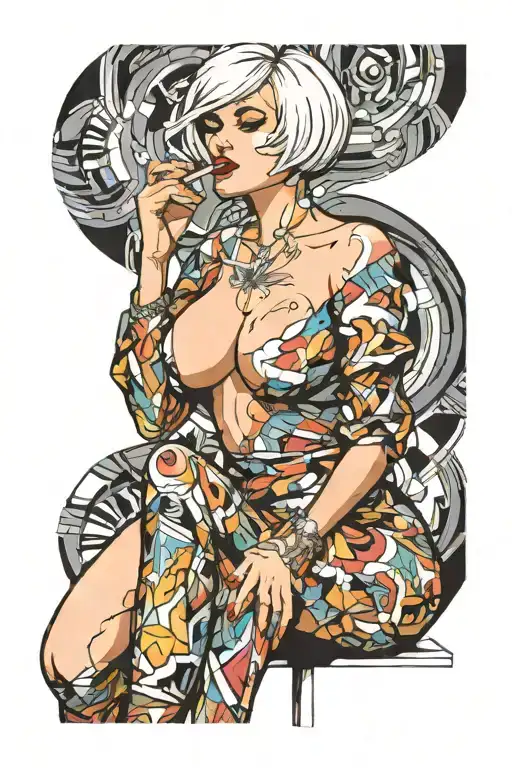 Sexy girl, Huge cleavage, wide hips, petite, big booty, torn clothing, short white bob hairstyle, smoking a cigarette tattoo design idea