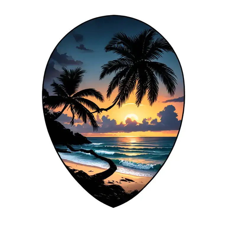pacific coast of costa rica sunset beach with guanacaste tree and palm tattoo design idea