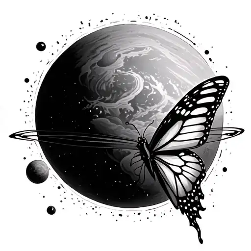 Butterfly and planet tattoo for rib cage black and white tattoo design idea